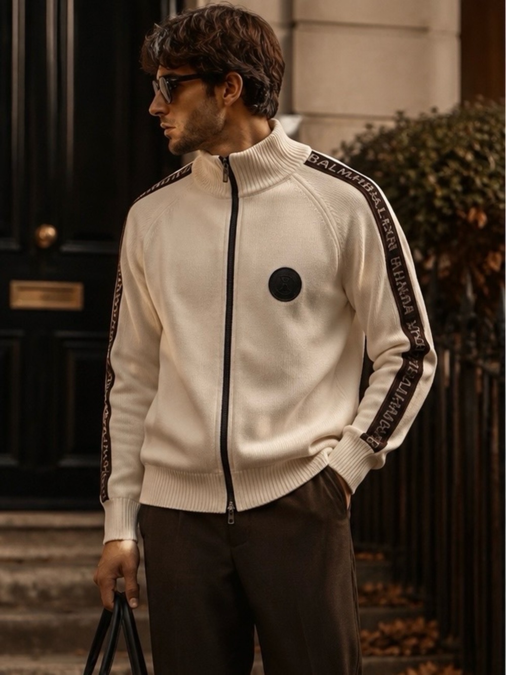 BALMAIN Men’s Heavyweight Knit Zip-Up Sweater Logo Sleeve Tape Cream Fall vibes